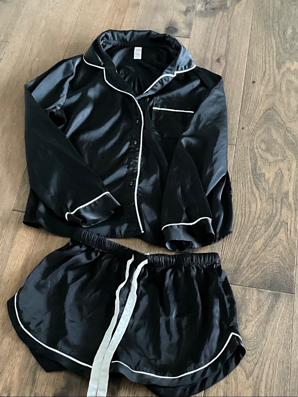 stars above Black Satin Pajama Set with White Piping